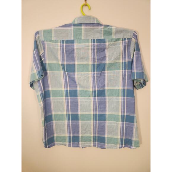 Perry Ellis Shirt Mens 3XLT XXXL Tall Blue Green Plaid 100% Cotton Short Sleeve - Picture 4 of 10